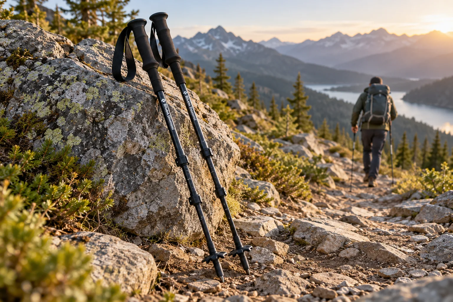 A pair of trekking poles leans against a rock on a mountain trail.