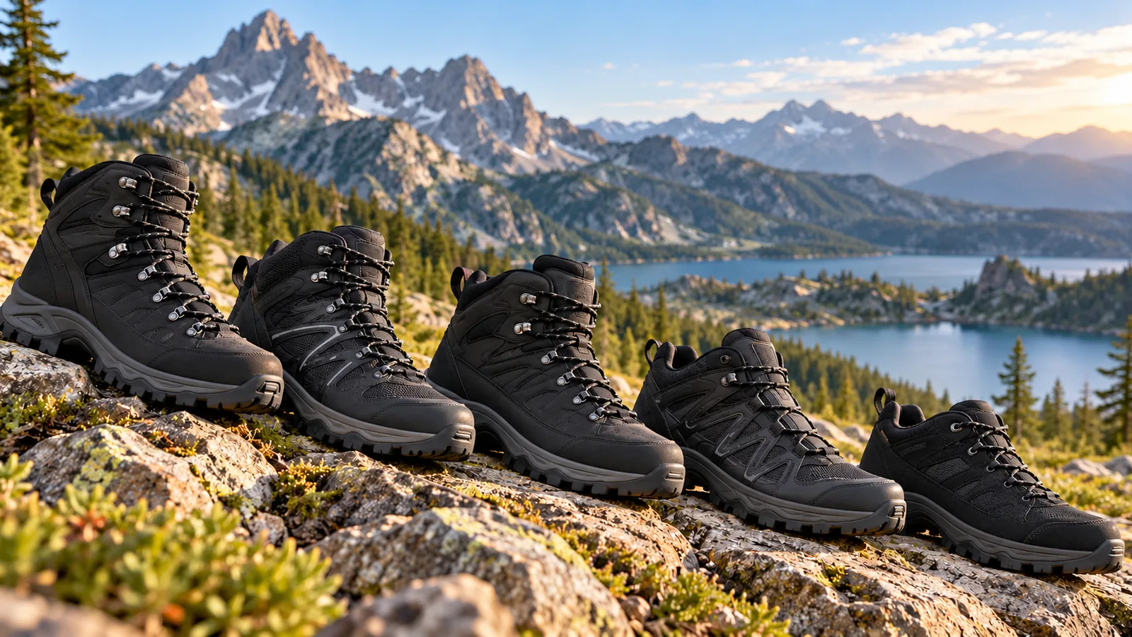 Black hiking boots in several silhouettes are arranged on a rocky mountain overlook.