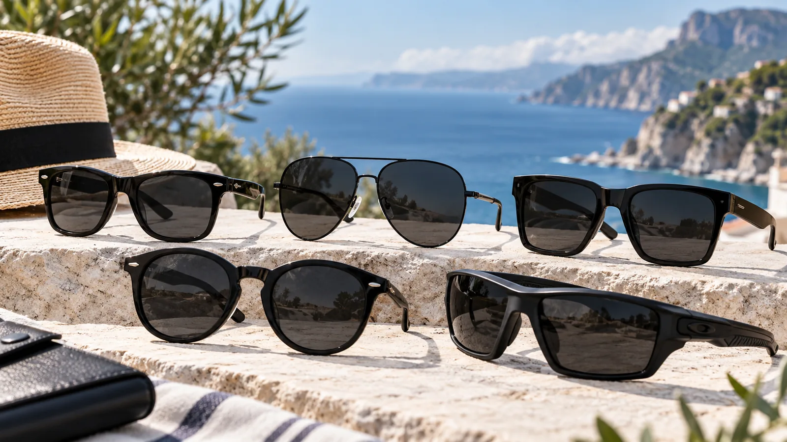 Several pairs of black sunglasses in varied frame shapes arranged on a stone ledge beside the sea.