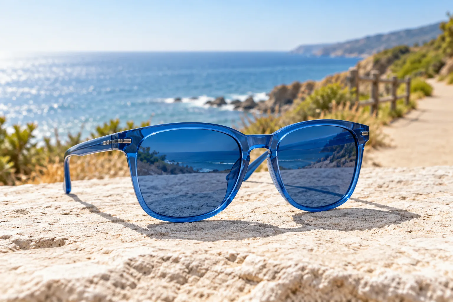 Blue-framed sunglasses with blue-tinted lenses on a pale stone surface near the coast.