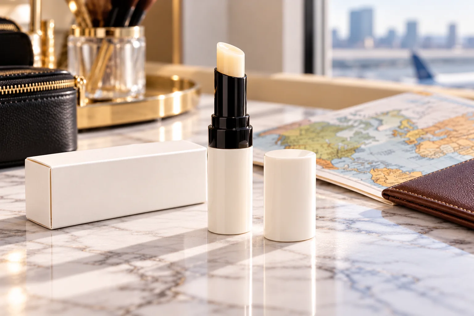 An unmarked lip balm tube and blank carton are arranged on a vanity beside a travel map.