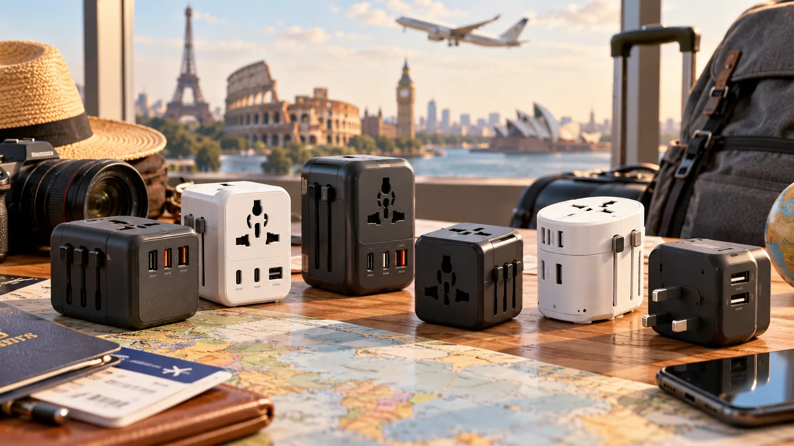 Several universal travel adapters are arranged on a map beside luggage and travel items.
