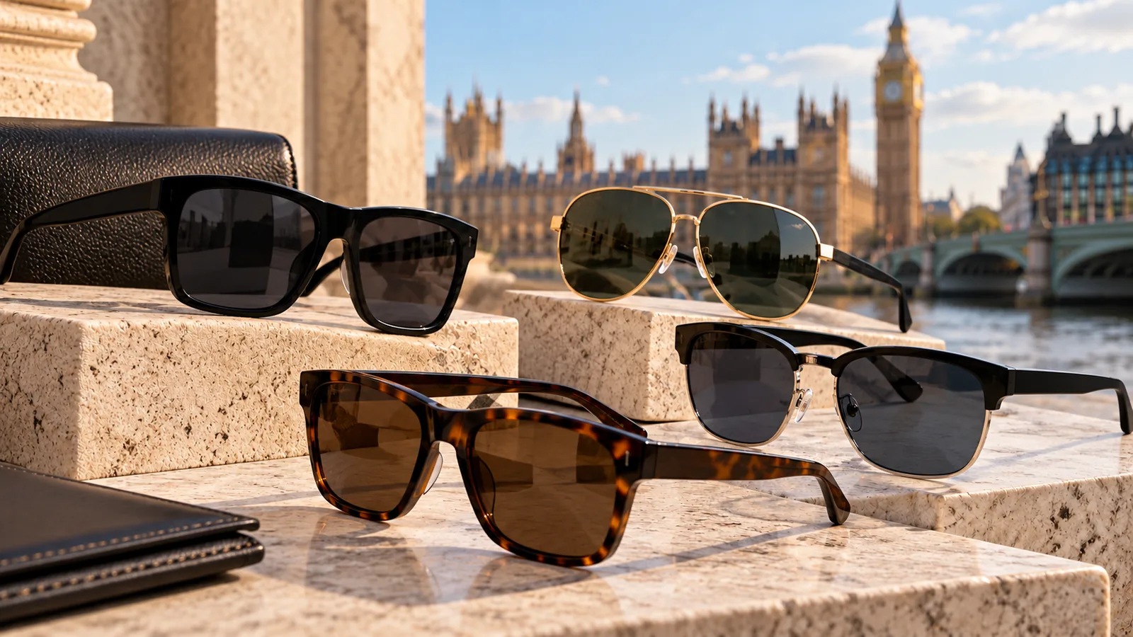 Several unbranded men’s sunglasses in dark and gold frames are arranged on a stone terrace near London landmarks.