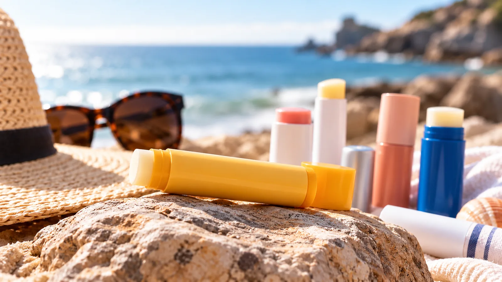 Unmarked lip balm tubes and sunglasses rest on a rock beside a sunny beach.
