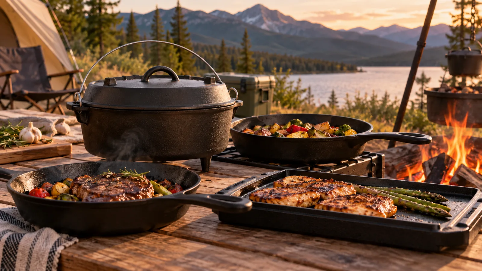 A cast-iron Dutch oven, skillet and griddle cook food at an outdoor campsite.