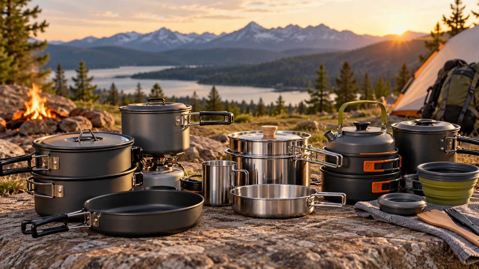 A camping mess kit with pots, cups, kettle and folding cookware is arranged beside a tent.