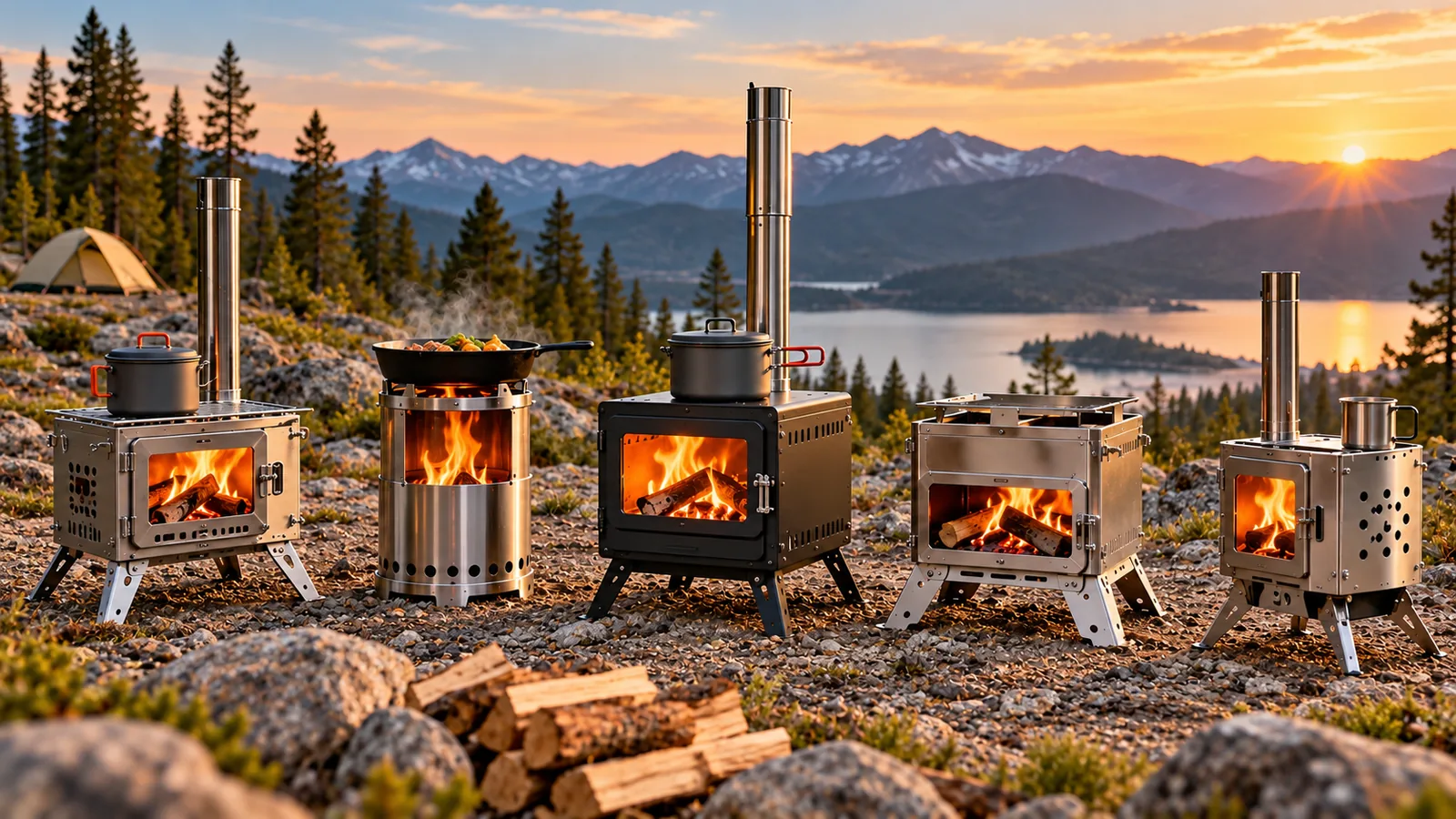 Different portable wood stoves with stovepipes are displayed on open ground, with firewood and a distant tent.