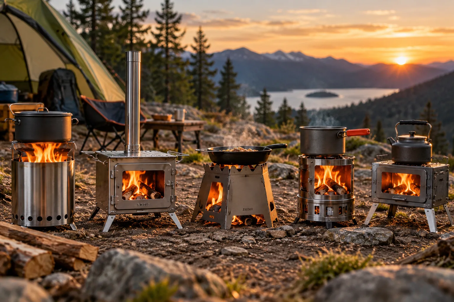 Several portable wood-burning camping stoves are shown with pots at a lakeside campsite.