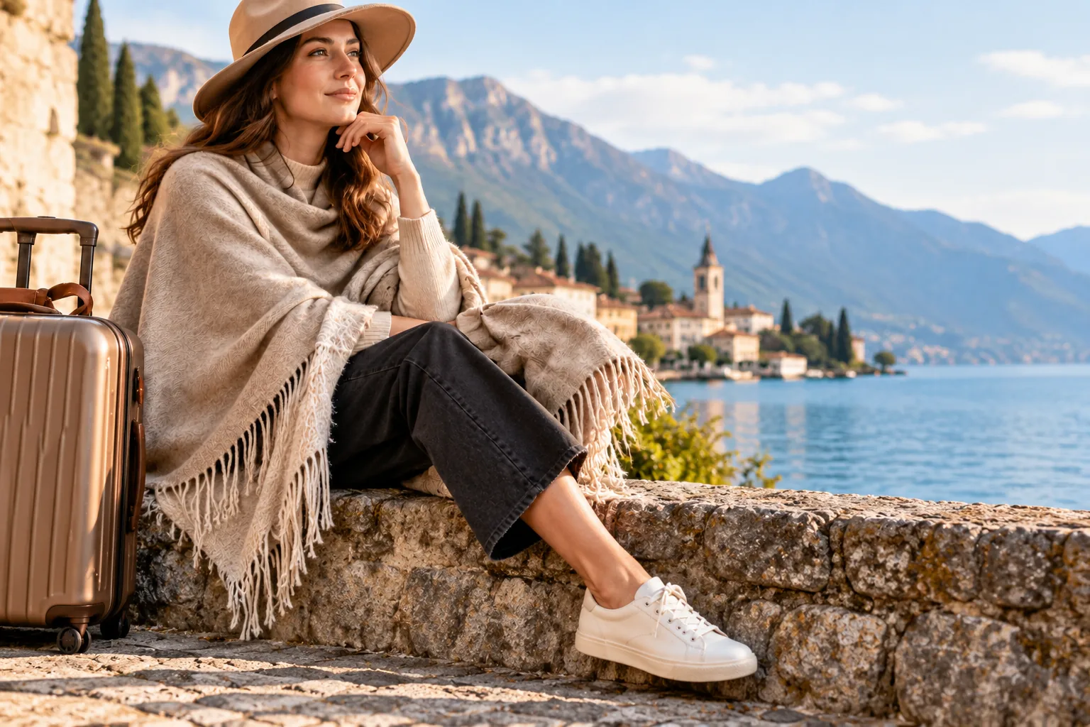 A traveler wearing a light neutral wrap beside luggage at a lakeside mountain overlook.