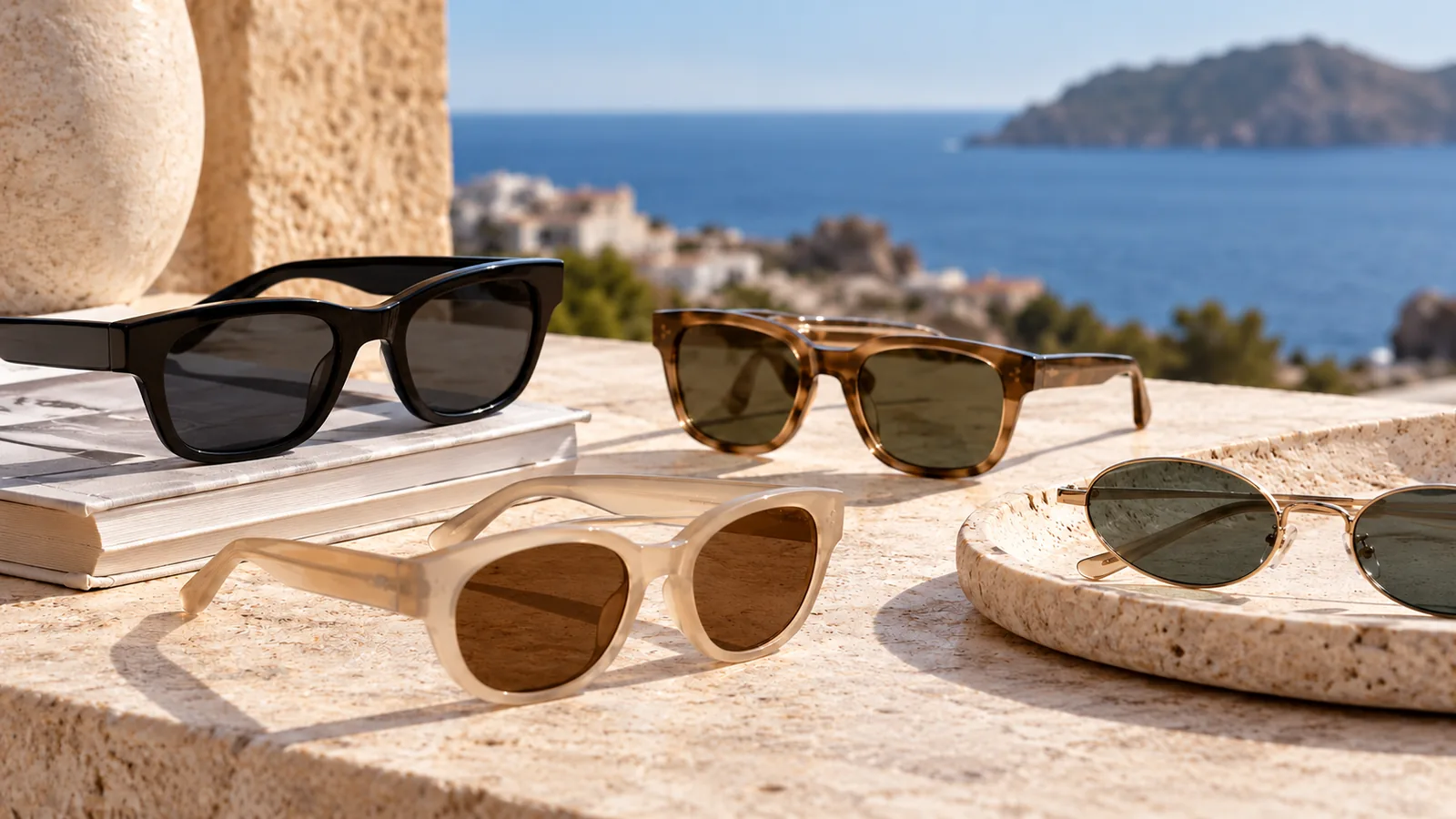 Several sunglasses with varied frame shapes and lens tints are arranged on a seaside stone surface.