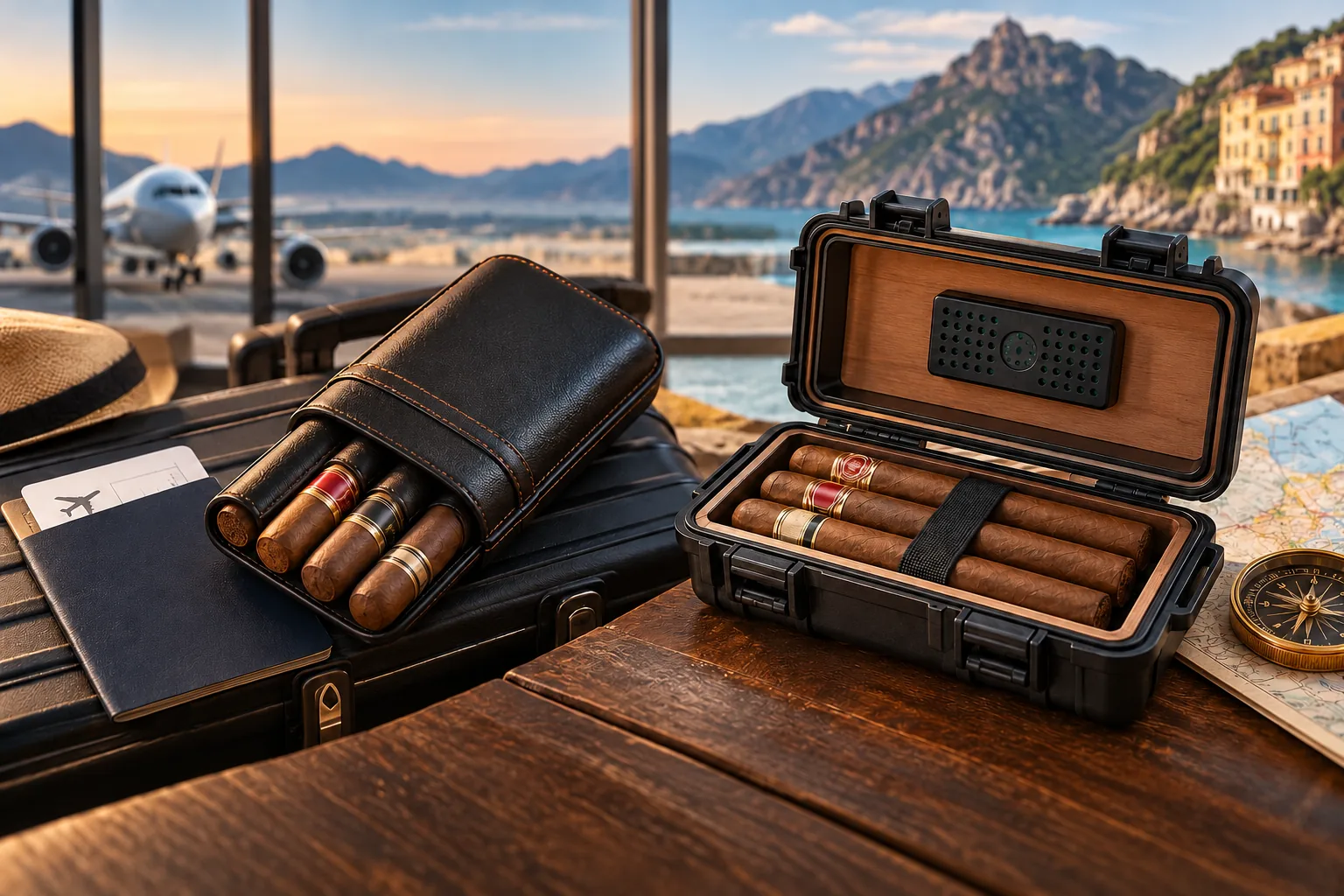 Two open travel cigar cases, one leather and one hard-sided, holding cigars beside travel documents at an airport.