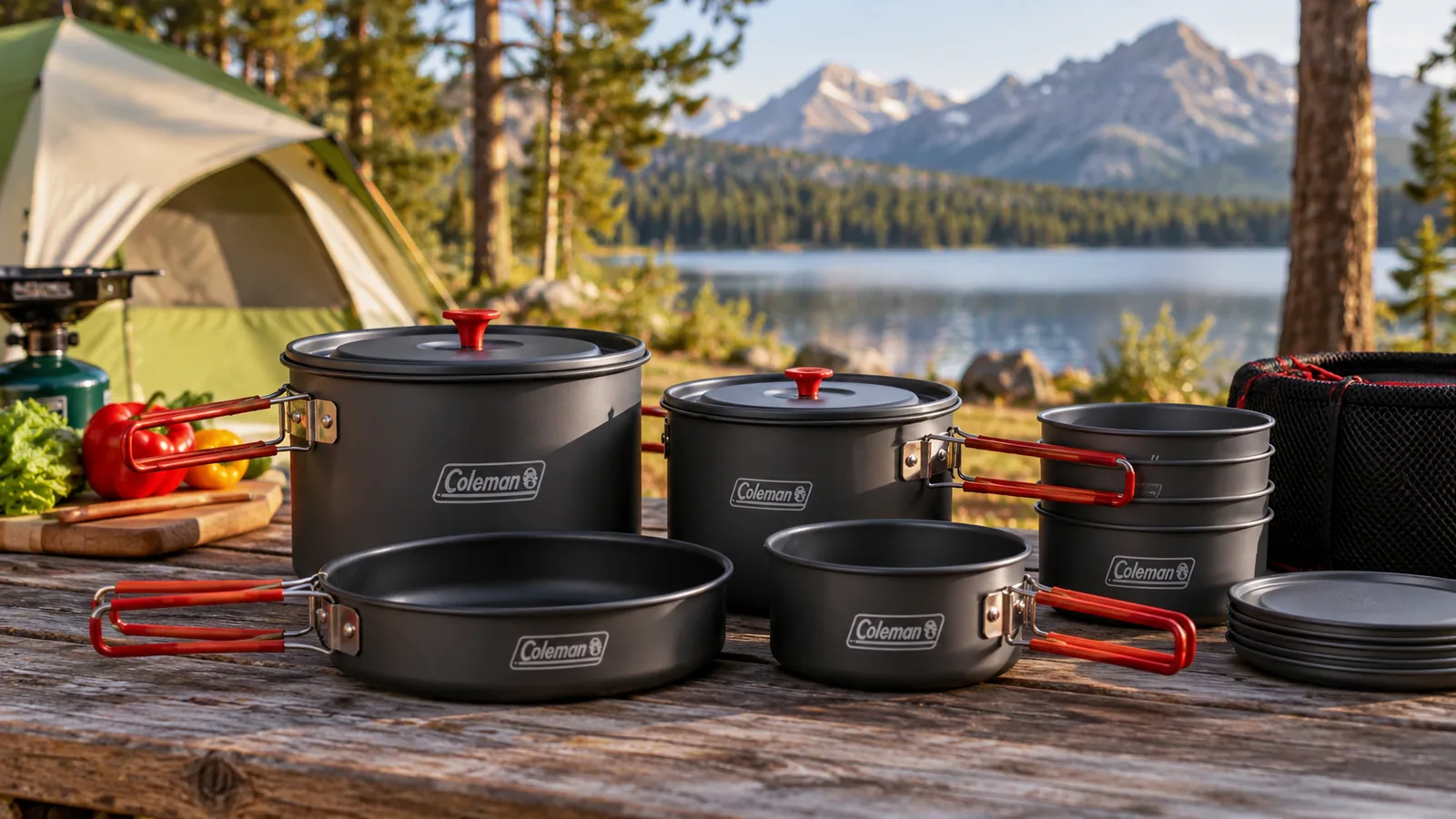 Coleman-marked camping pots, pans and plates are arranged on a wooden camp table beside a tent.
