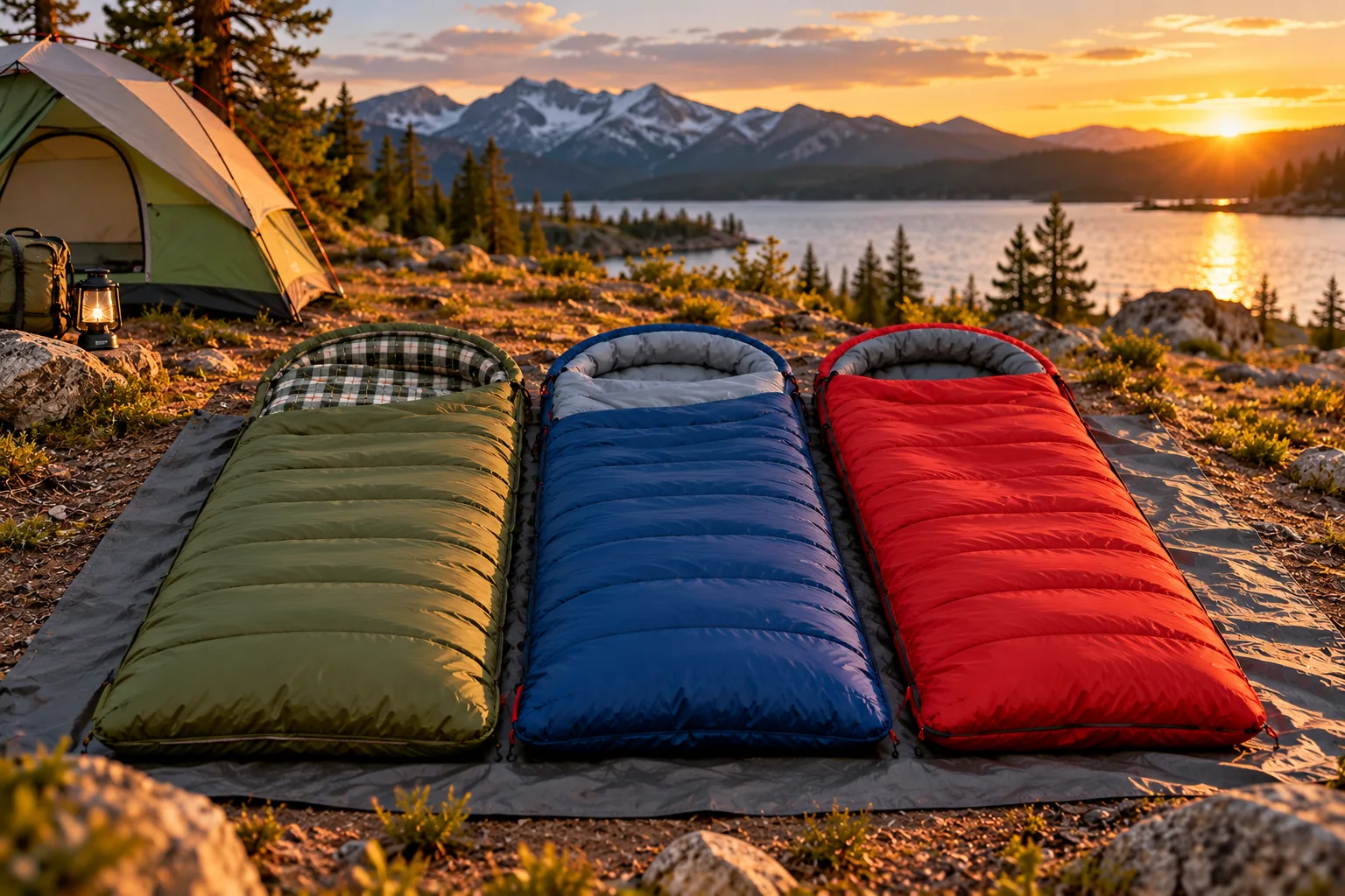 Three sleeping bags in different colors lie side by side on a groundsheet at a campsite.