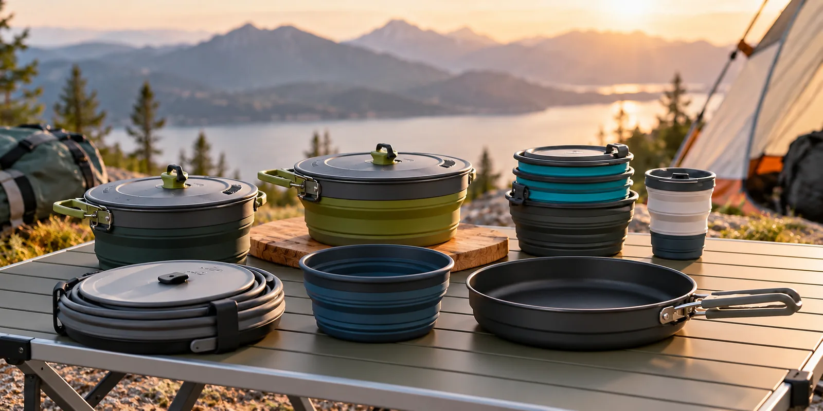 Collapsible camping pots, bowls, a cup and frying pan arranged on a folding camp table beside a tent and mountain lake.