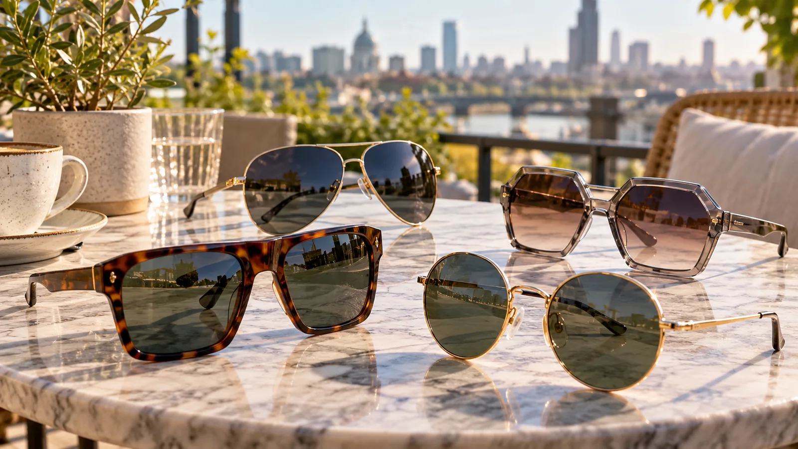 Four pairs of sunglasses in aviator, square, round and geometric styles are arranged on a city patio table.