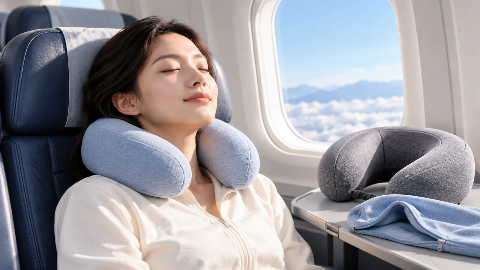 A traveler rests on an airplane wearing a fabric neck pillow, with another pillow and cover beside her.