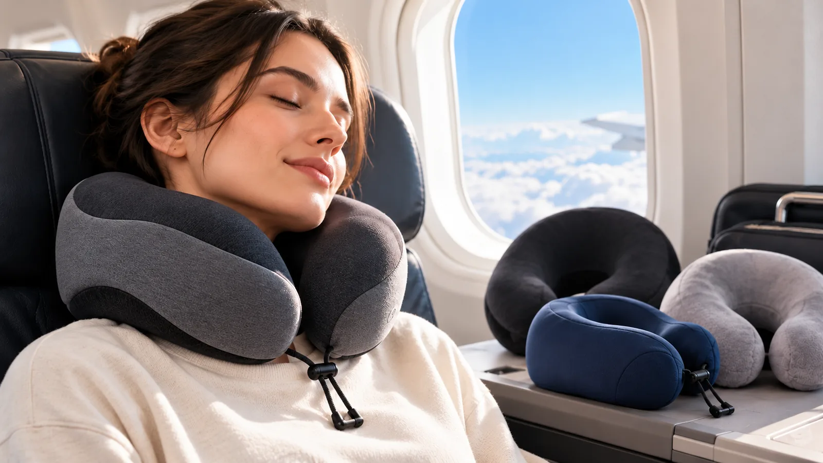 A traveler rests in an unbranded neck pillow on an airplane beside two alternative travel pillows.