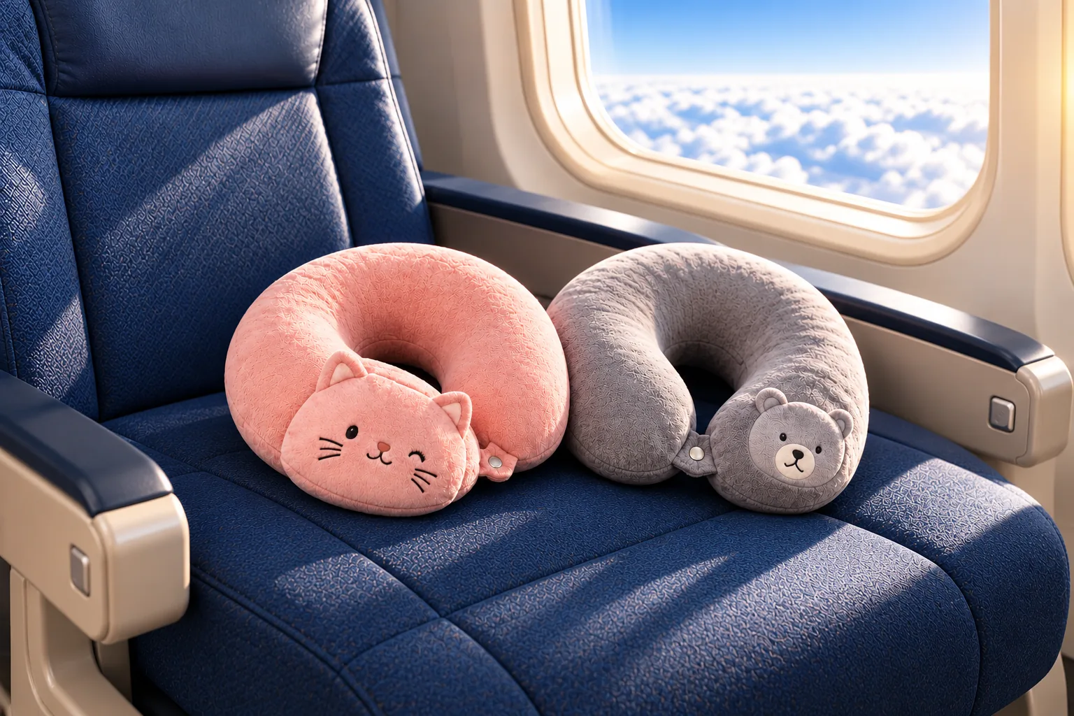 Two small U-shaped travel neck pillows, pink with a cat face and gray with a bear face, rest on an airplane seat beside a window.