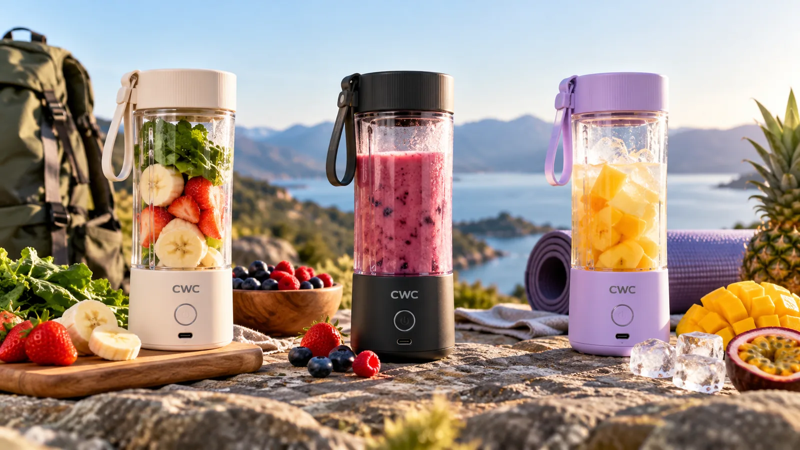 Three CWC portable blenders with fruit and smoothies sit beside travel gear at a lakeside campsite.