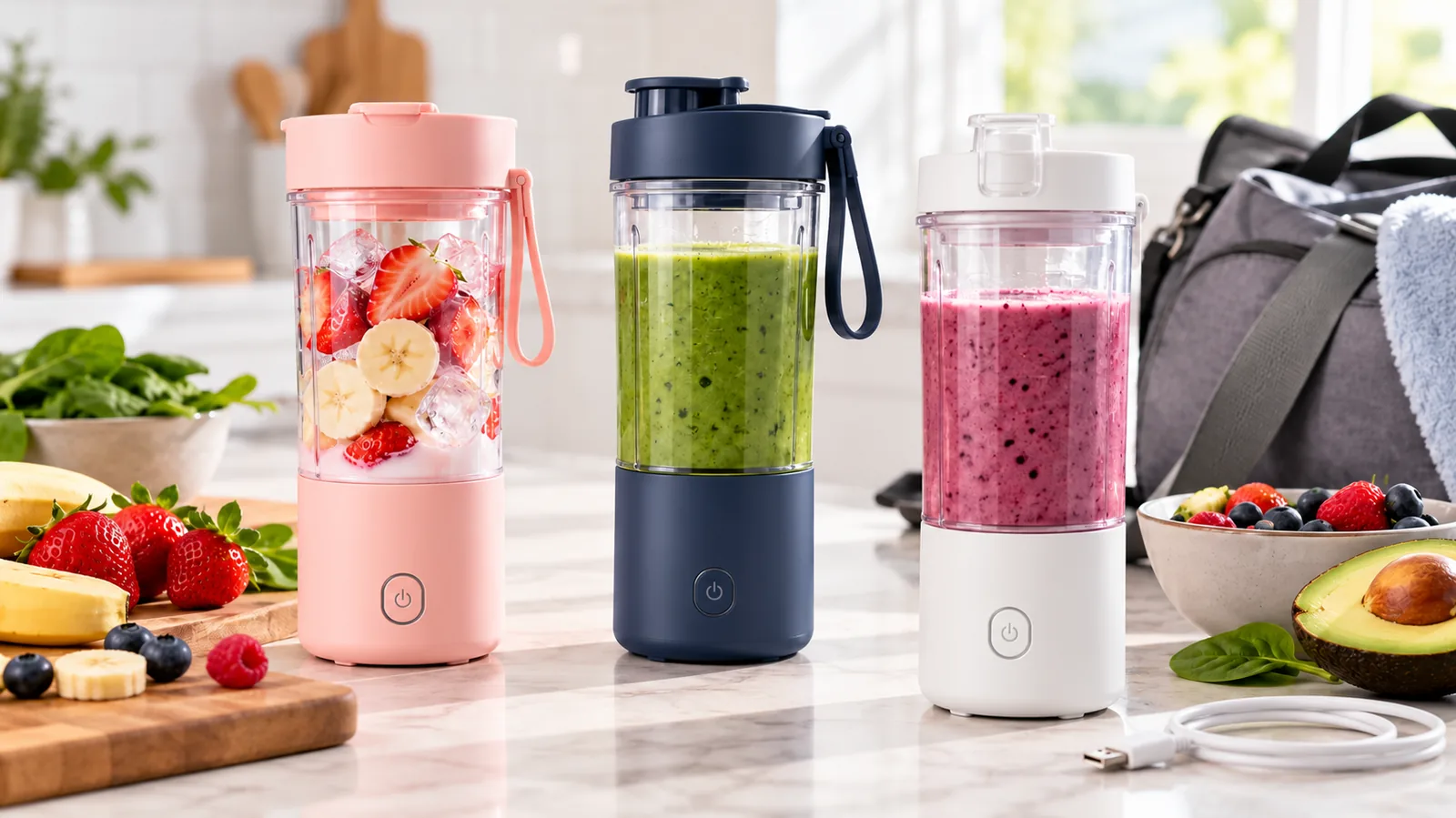 Three unbranded portable blender cups filled with fruit smoothies on a kitchen counter.