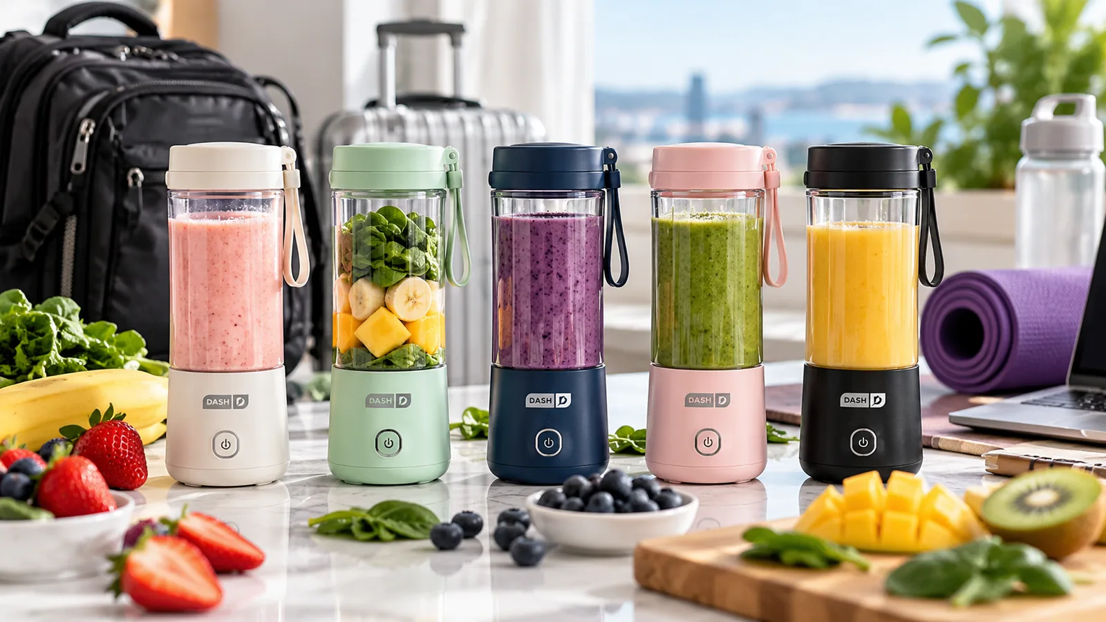Five Dash portable blender cups filled with smoothies and fruit are arranged on a kitchen counter.