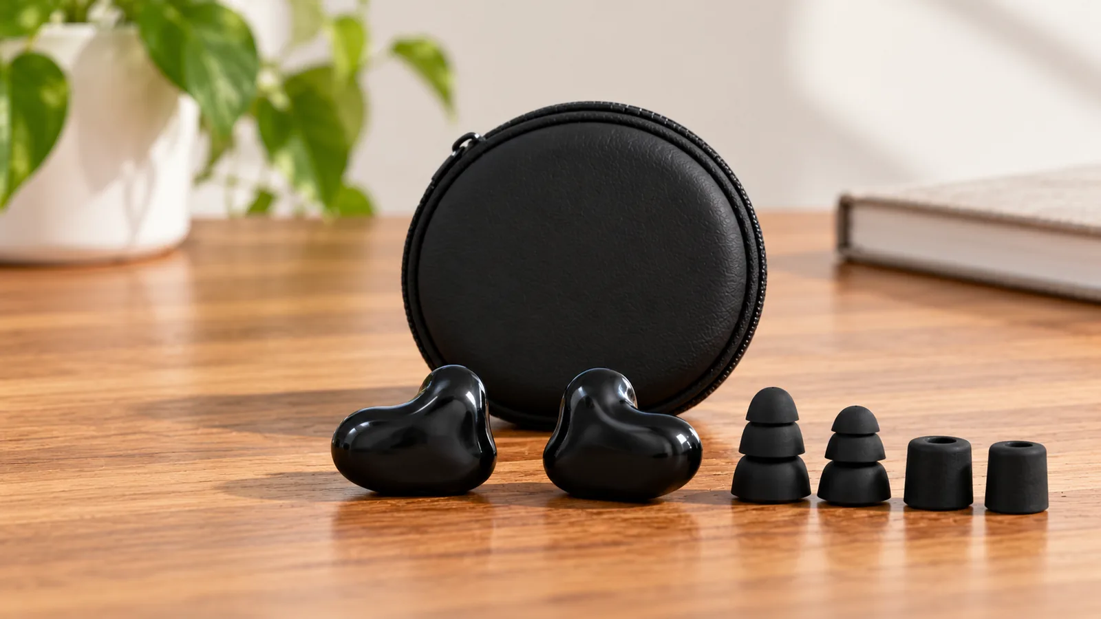 A pair of black custom-shaped earplugs, a round carrying case and several generic ear tips on a wooden desk.
