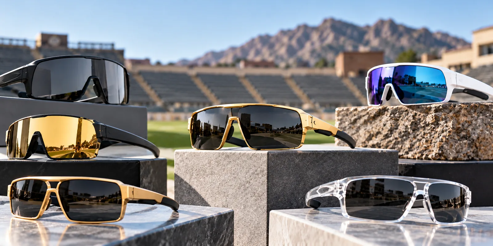 Several unbranded sport sunglasses with dark, gold and clear frames are displayed on stone stands.