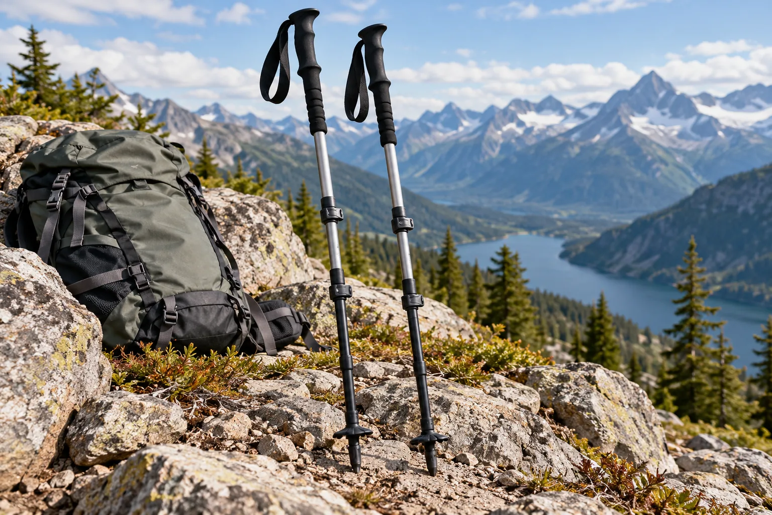 A pair of generic adjustable trekking poles stands beside a backpack on a rocky mountain trail.