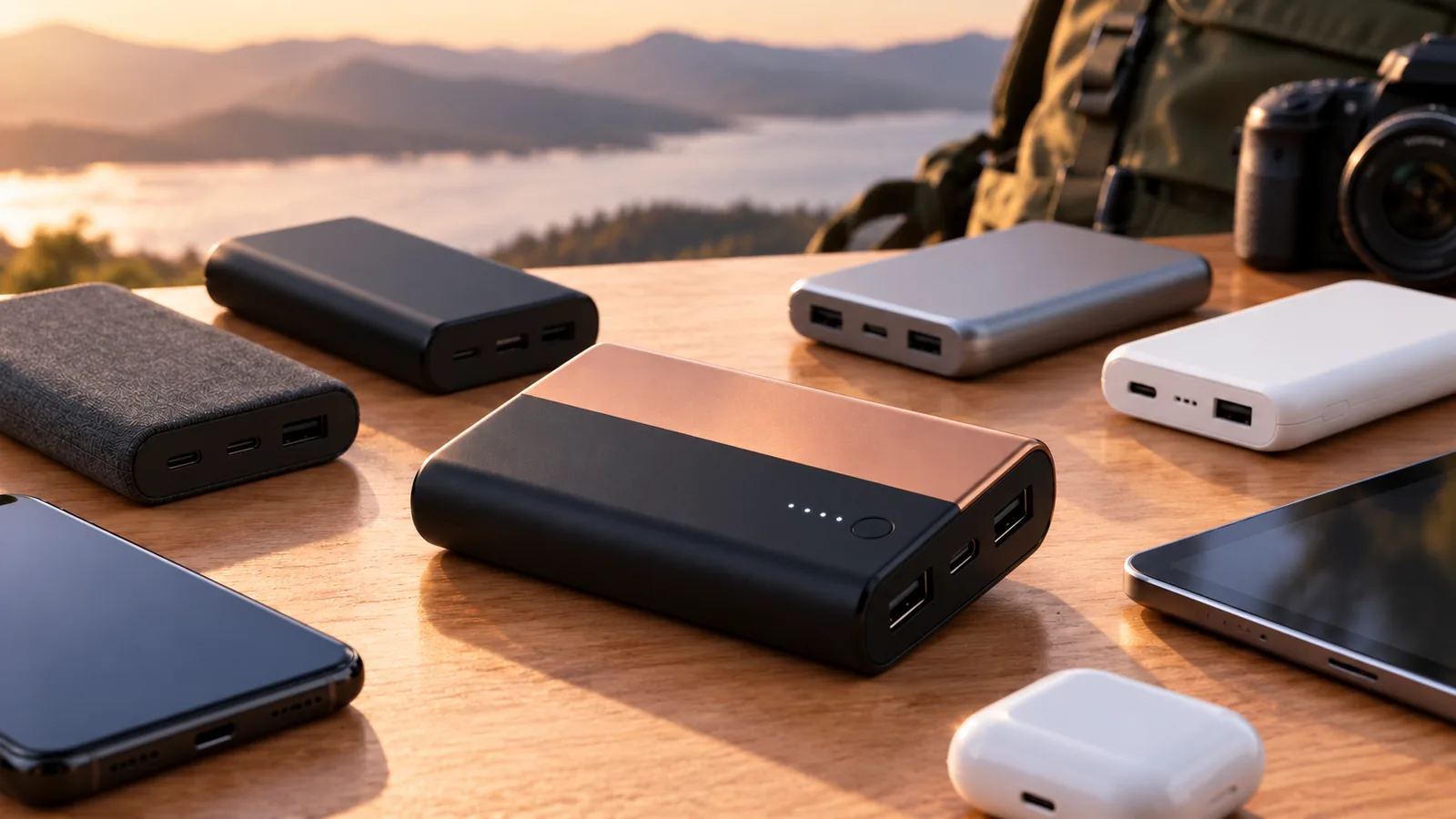 Several generic unbranded portable power banks on a table near a phone and tablet.