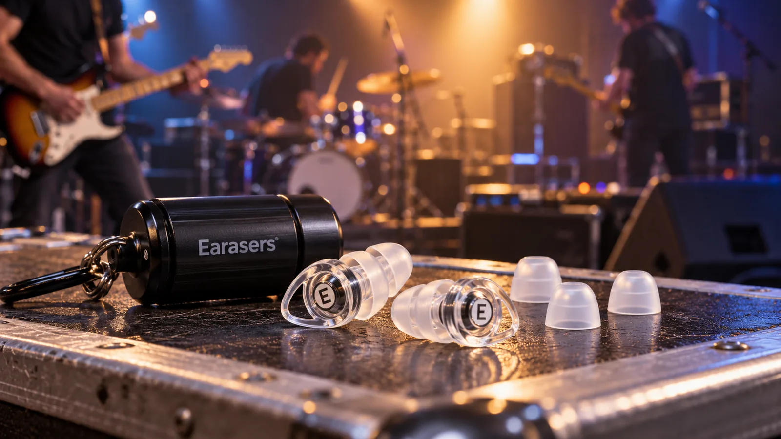Clear reusable musician earplugs and spare tips sit beside their branded case on a concert stage.