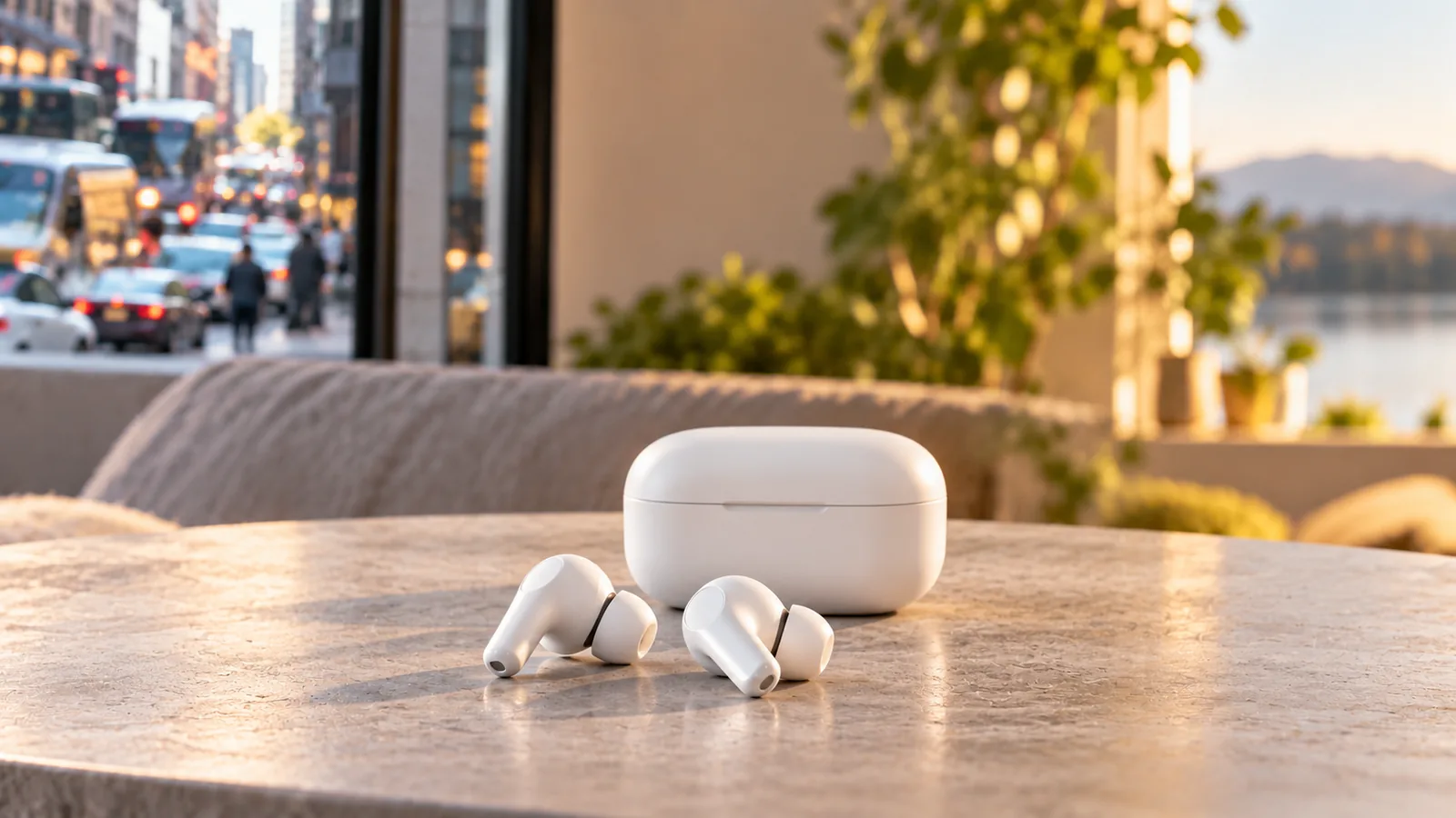 Several generic in-ear earbuds and cases arranged on a tabletop.
