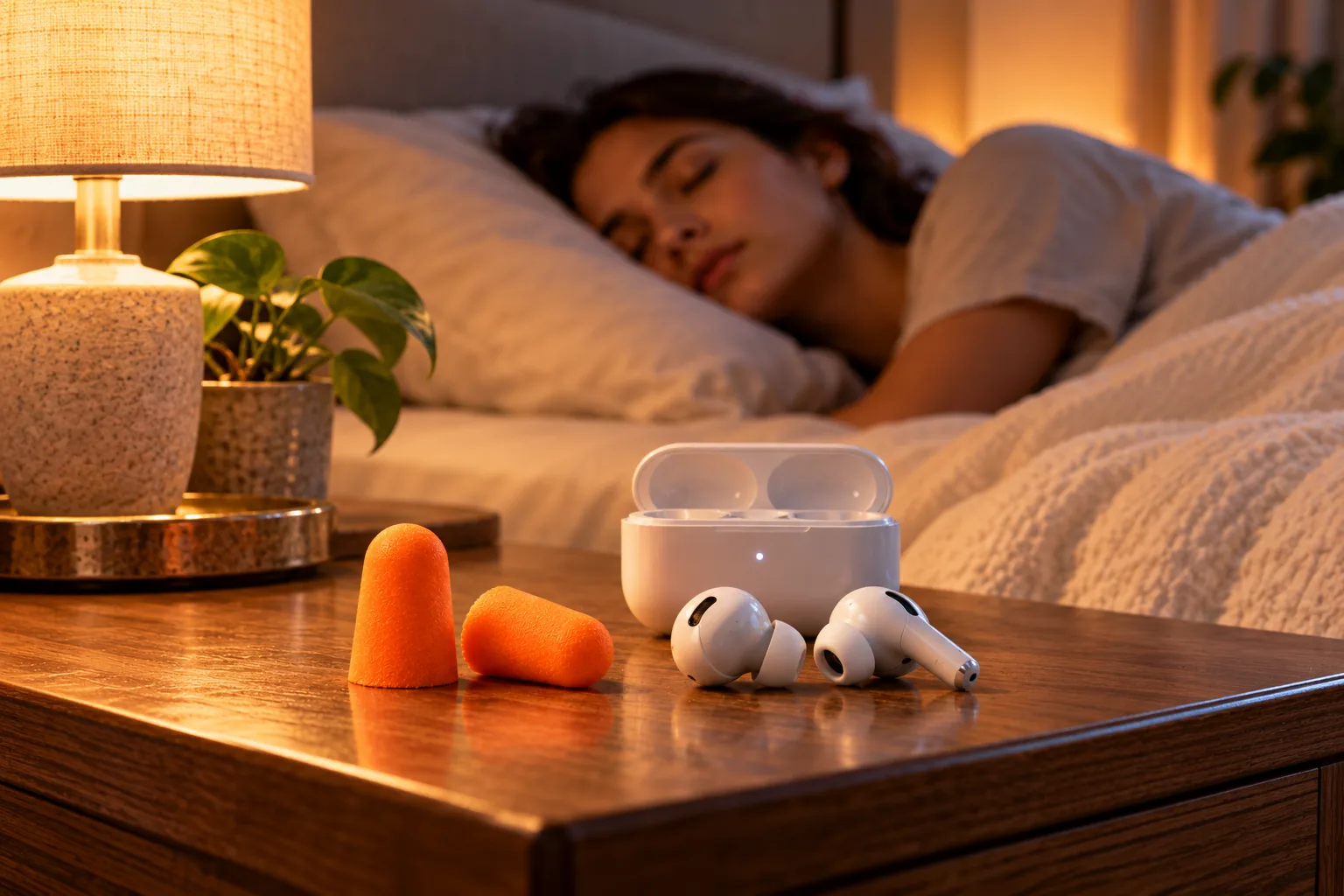 Orange foam earplugs and wireless earbuds with their charging case sit on a bedroom nightstand.
