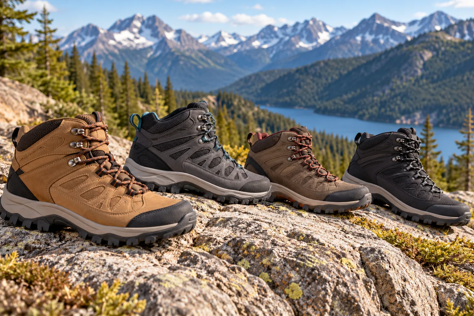 Four unbranded hiking boots arranged on a rocky overlook above a mountain lake.