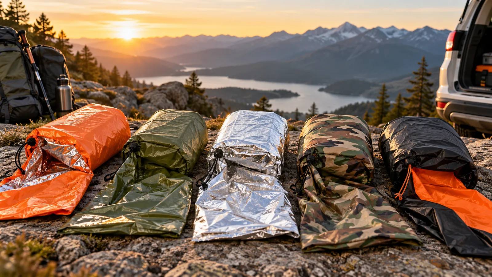 Several emergency sleeping bags in reflective and colored materials are arranged at a mountain campsite.