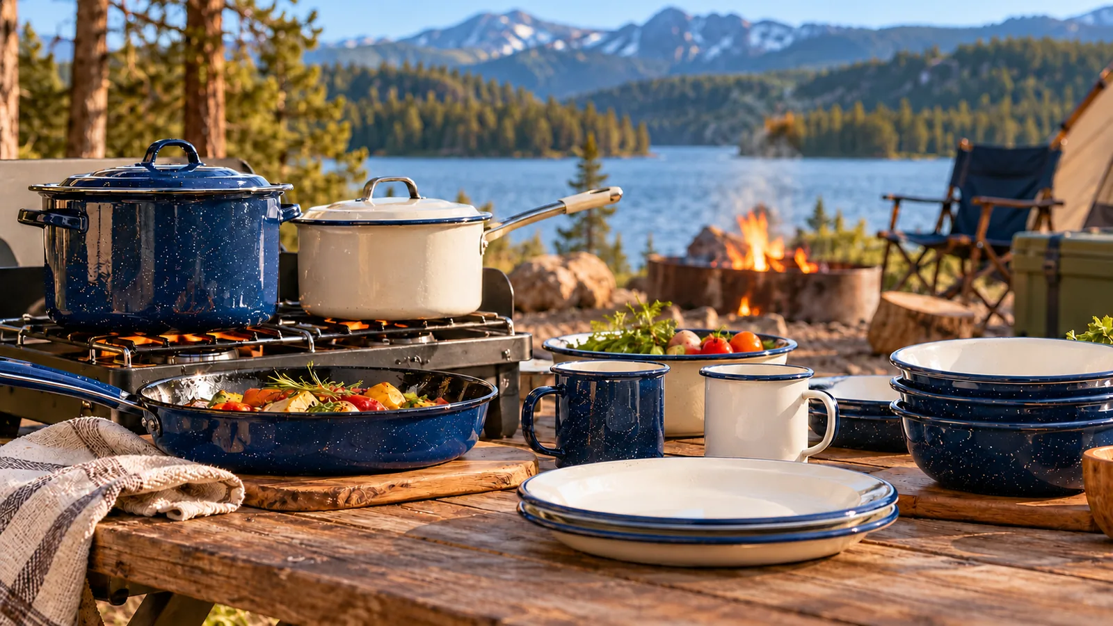 Enamel camping cookware arranged on a lakeside campsite.
