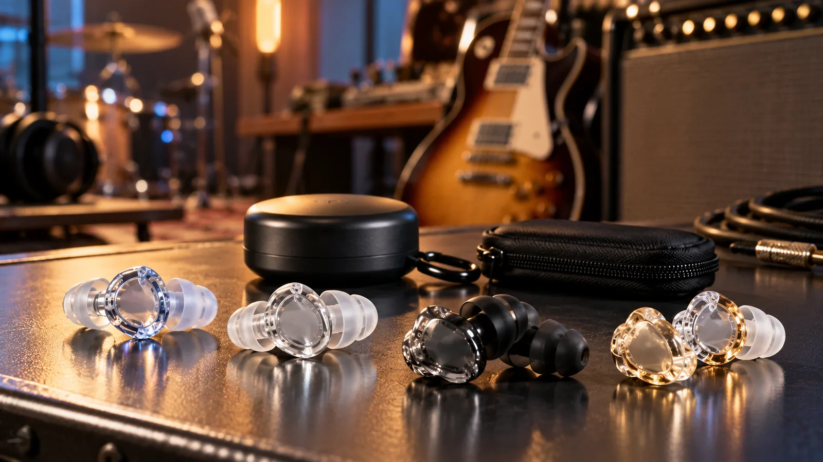 Several unmarked musician earplugs and a storage case sit in front of a guitar and amplifier in a rehearsal room.