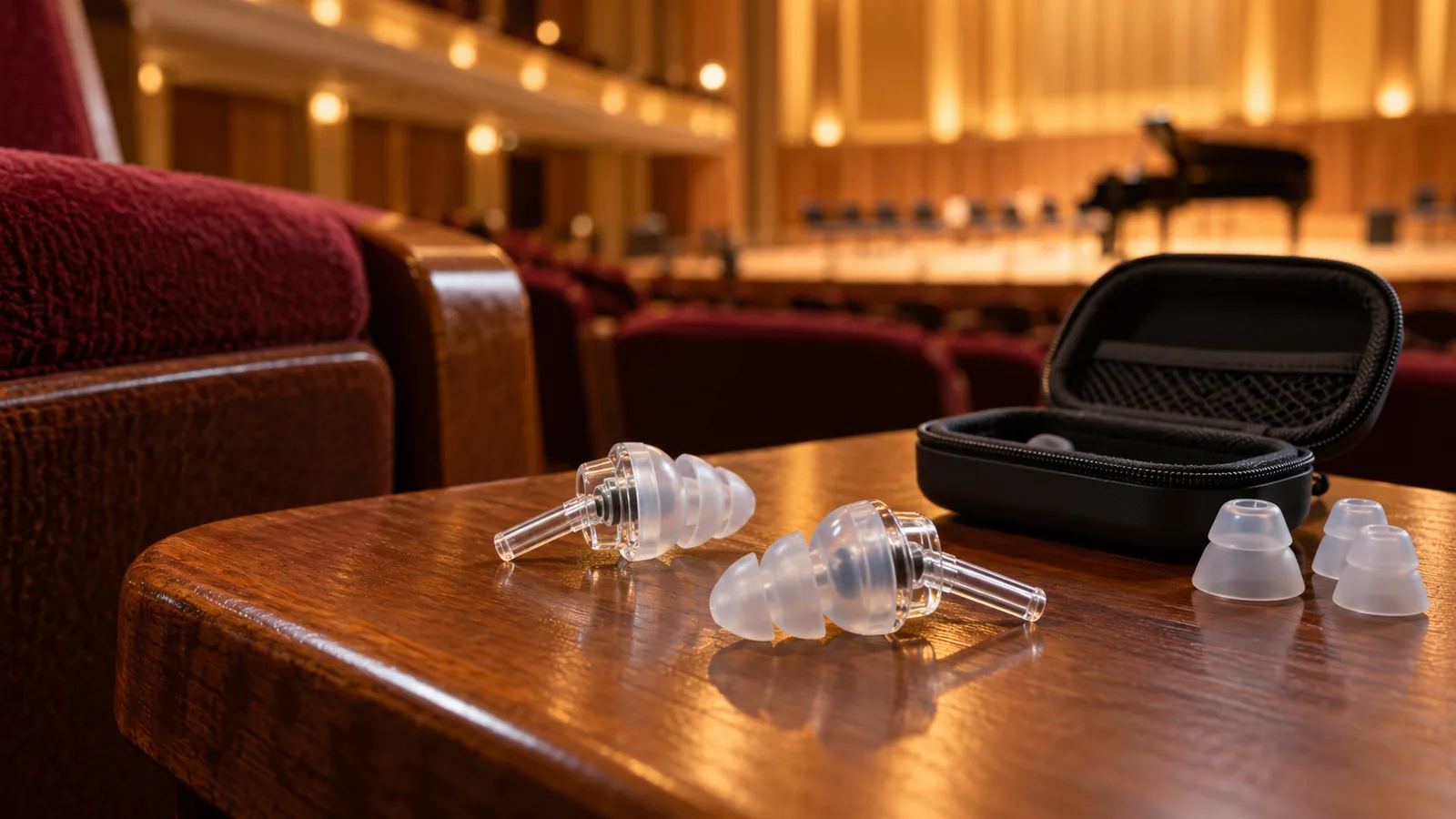 A pair of transparent flanged high-fidelity earplugs with narrow stems sits beside spare silicone tips and an open case on a concert-hall table.
