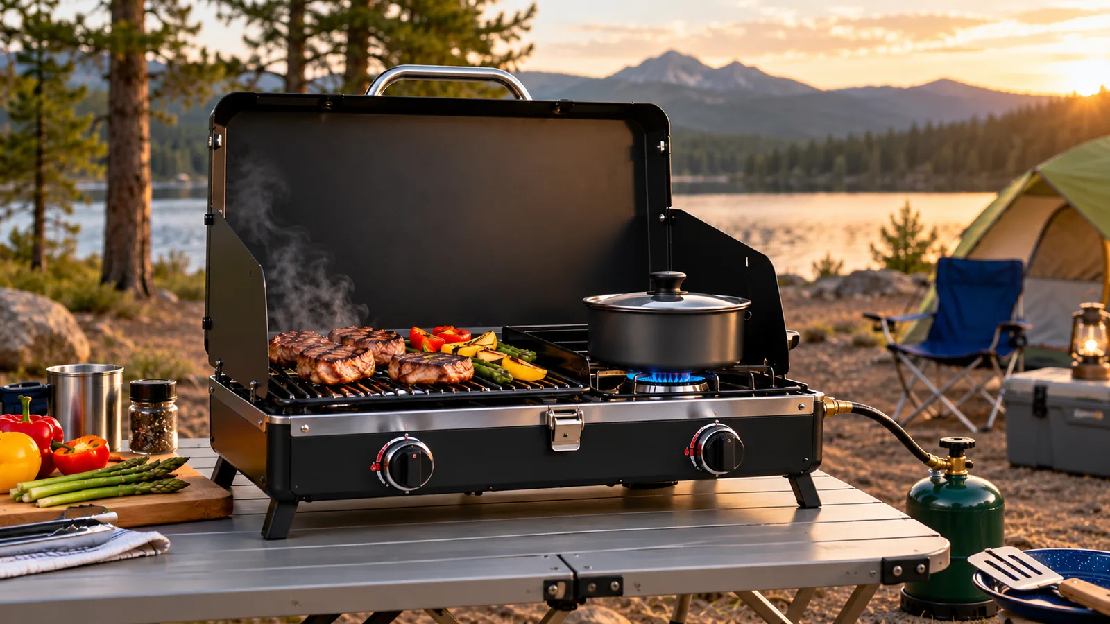 An open portable grill and camp stove with food and a pot sits on a stable table at a lakeside campsite.