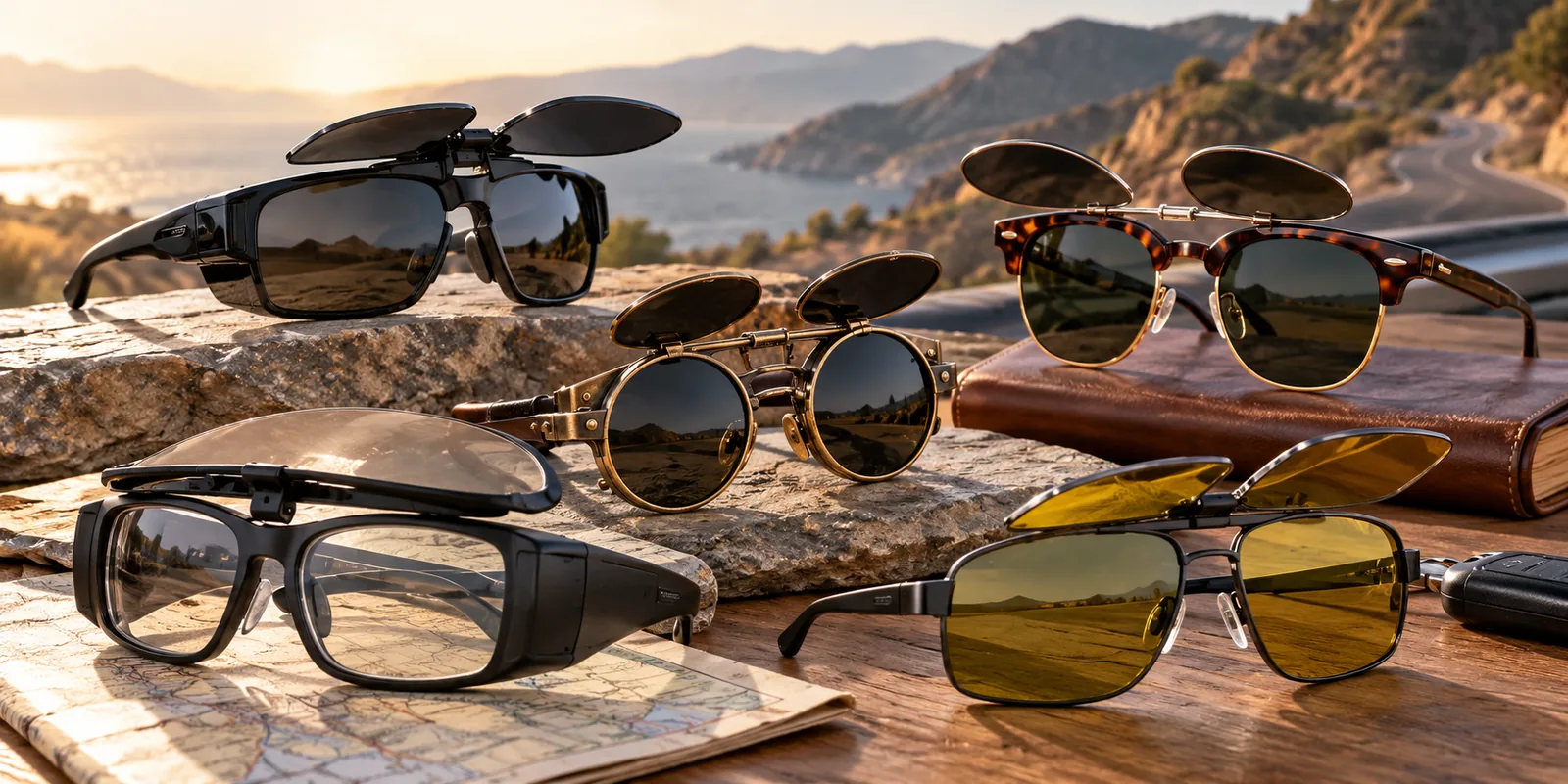 Several styles of flip-up sunglasses with raised lens covers are arranged on a stone ledge.