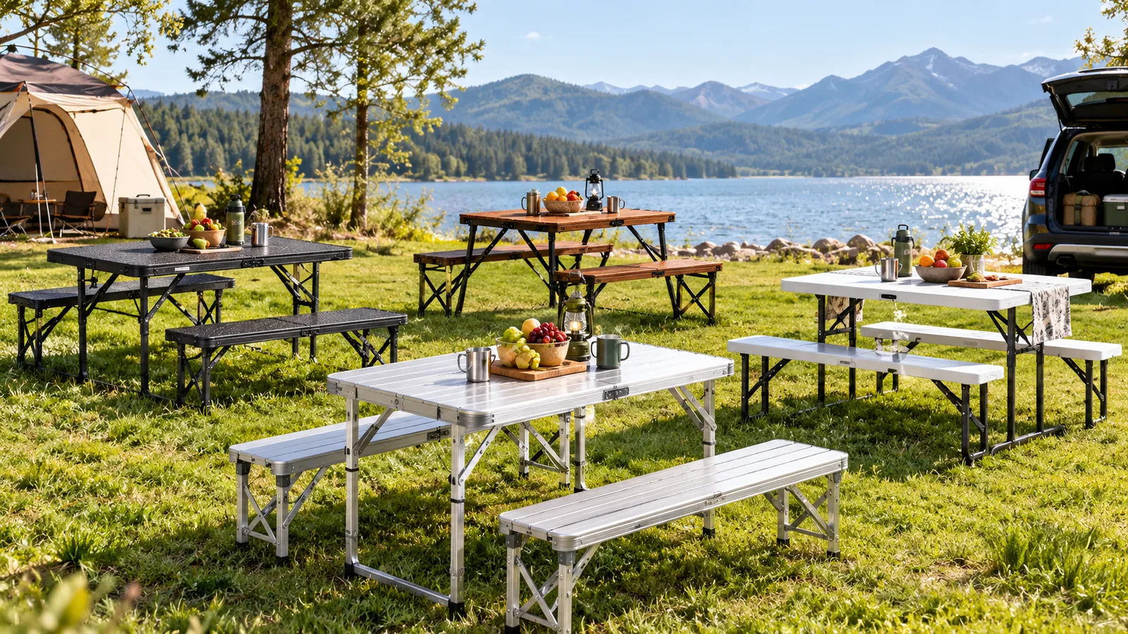 Several folding picnic table and bench sets arranged on grass at a lakeside campsite.