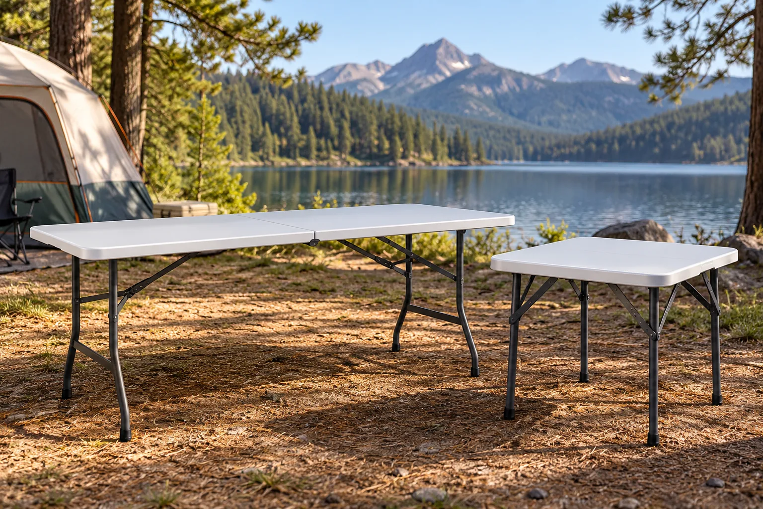 A large rectangular folding picnic table and a smaller square folding table are set up at a lakeside campsite.