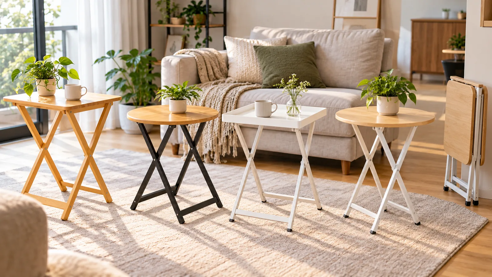 Compact folding side tables in a living room, with one folded upright at the right.
