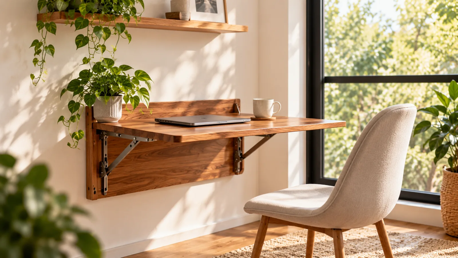 An open wooden wall-mounted folding table with metal support brackets in a small home workspace.
