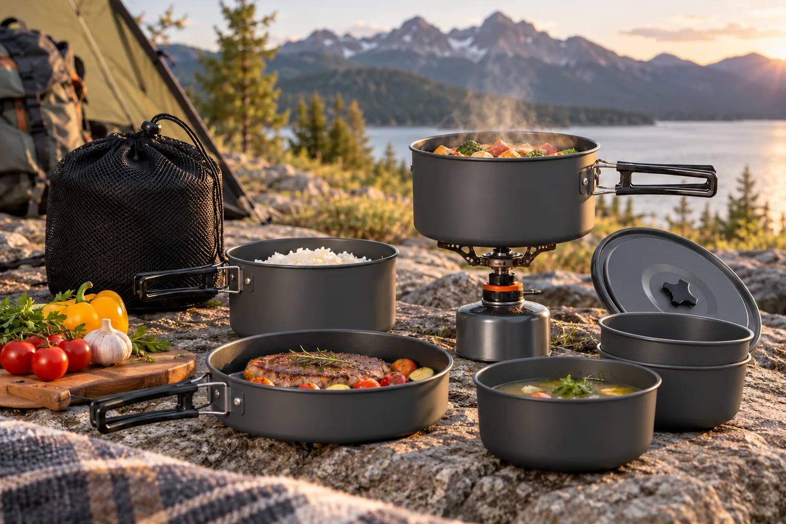 Unbranded camping pots and pans are arranged around a camp stove beside a tent.
