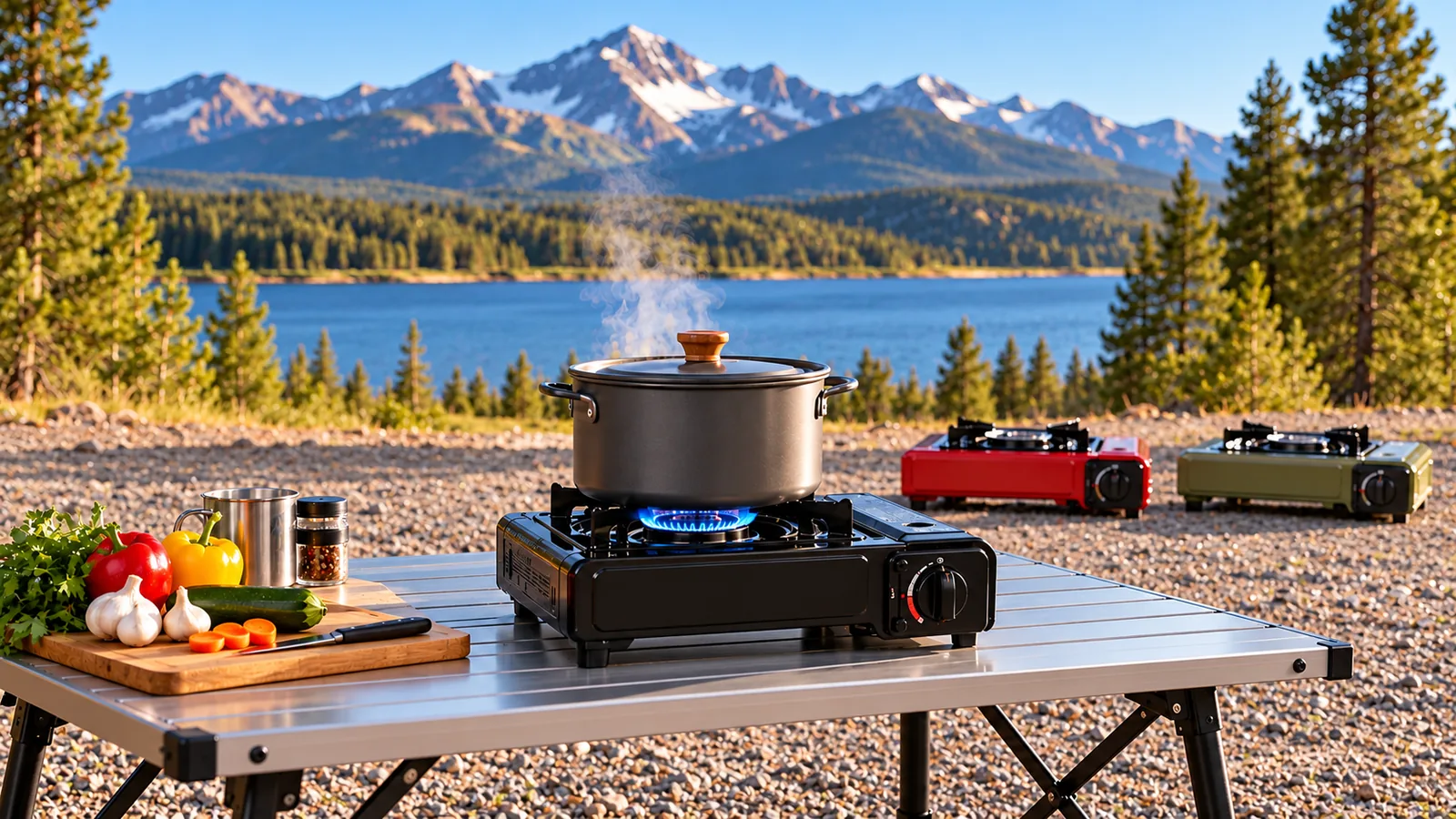 A portable gas stove heats a pot on a stable metal table at a gravel campsite, with other stove models in the background.