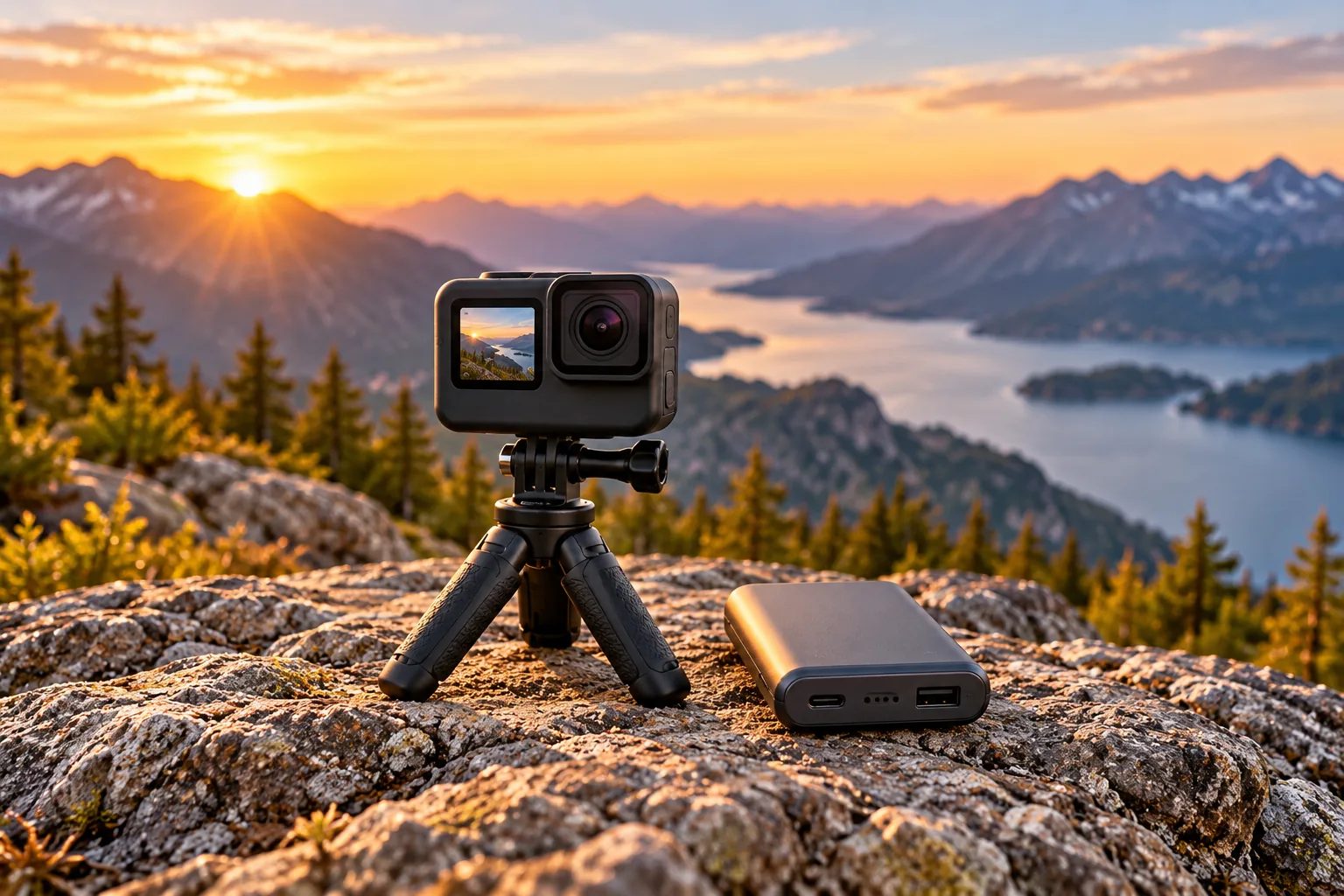 An unbranded action camera on a small tripod sits beside a separate compact power bank on a rocky mountain overlook at sunset.