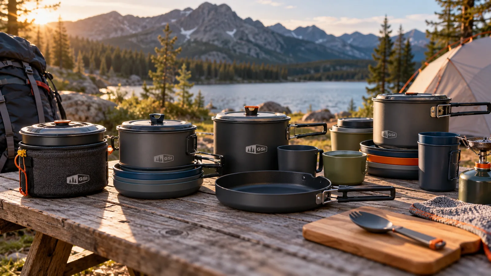 GSI-branded camping cookware pots, a frying pan, cups and utensils arranged on a picnic table at a mountain campsite.
