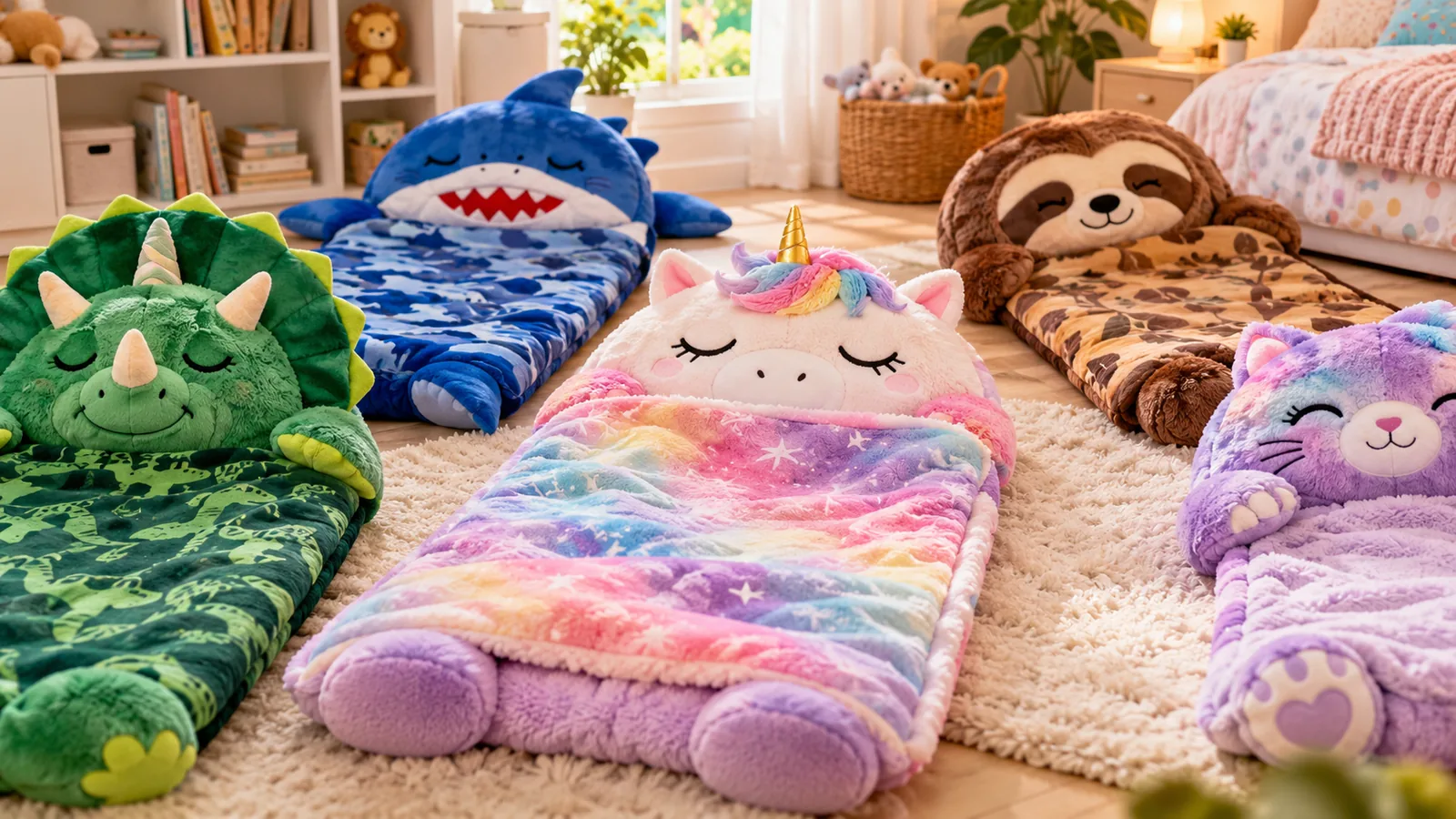 A pink plush unicorn-shaped nap sack displayed among several animal-shaped sleeping bags in a bedroom.