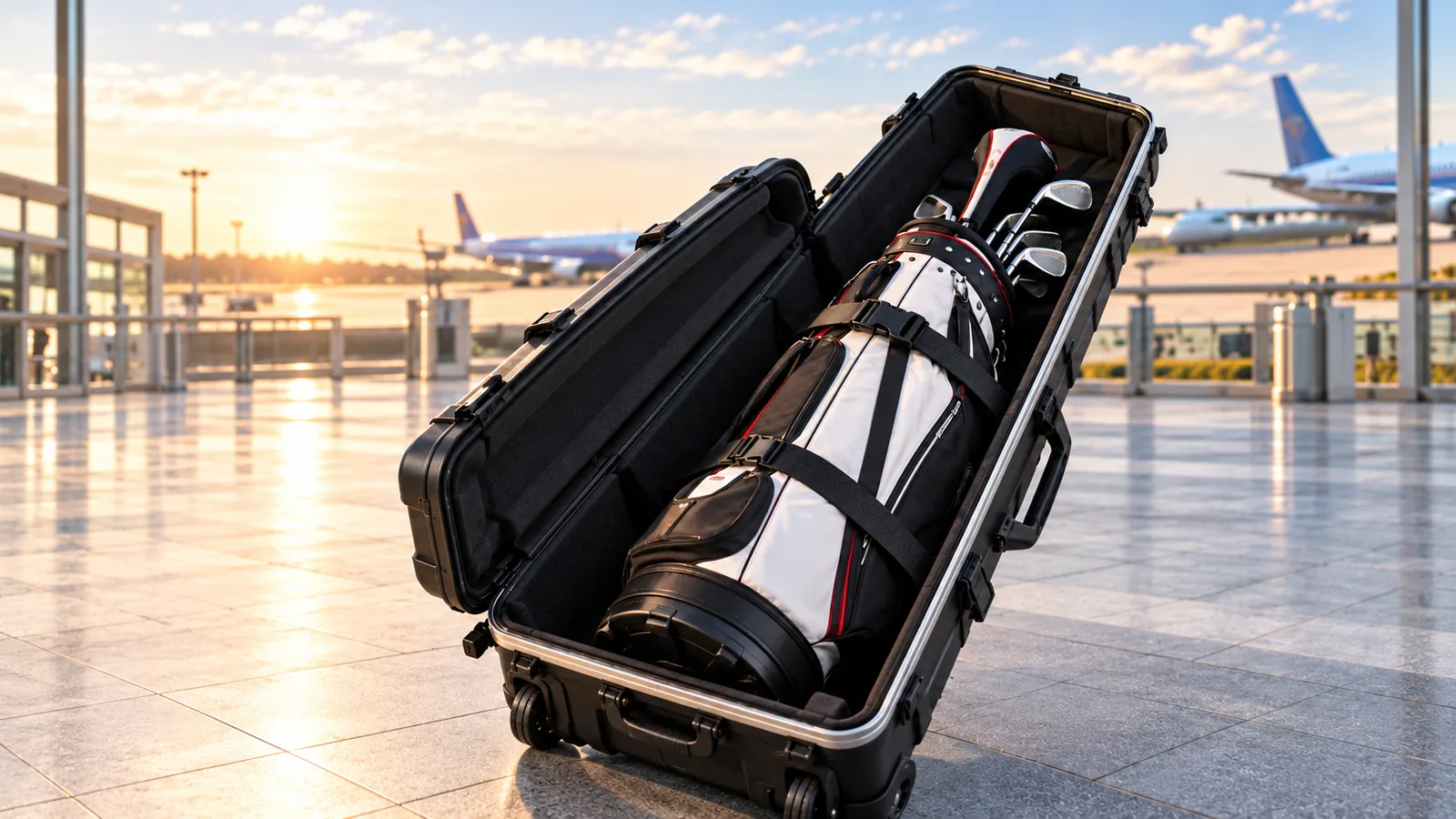 An open hard-shell golf travel case holding a golf bag and clubs in an airport terminal.