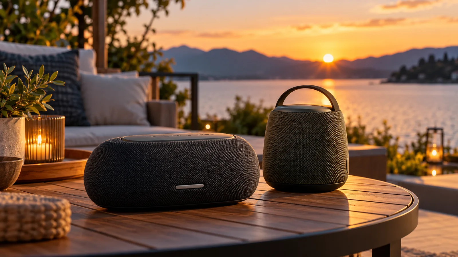 Two unbranded portable speakers with fabric grilles sit on a patio table at sunset.